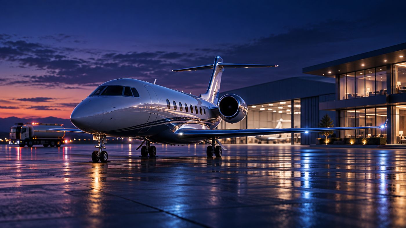 Jet ejecutivo en la plataforma de una terminal privada al anochecer
