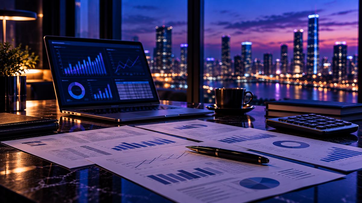 Estados financieros, calculadora y portátil en un escritorio